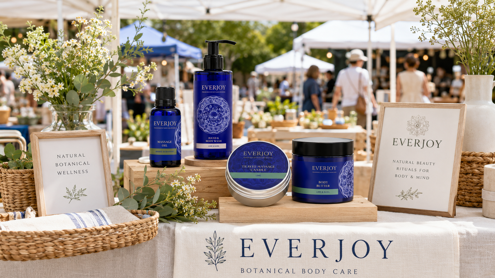 Everjoy wellness collection displayed under warm string lights at a market