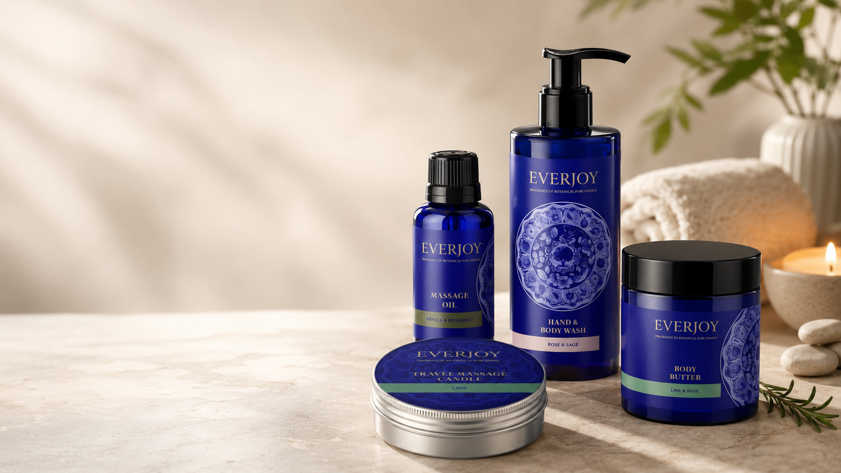 EVERJOY product collection featuring Hand & Body Wash, Massage Oil, Body Butter and Travel Massage Candle
