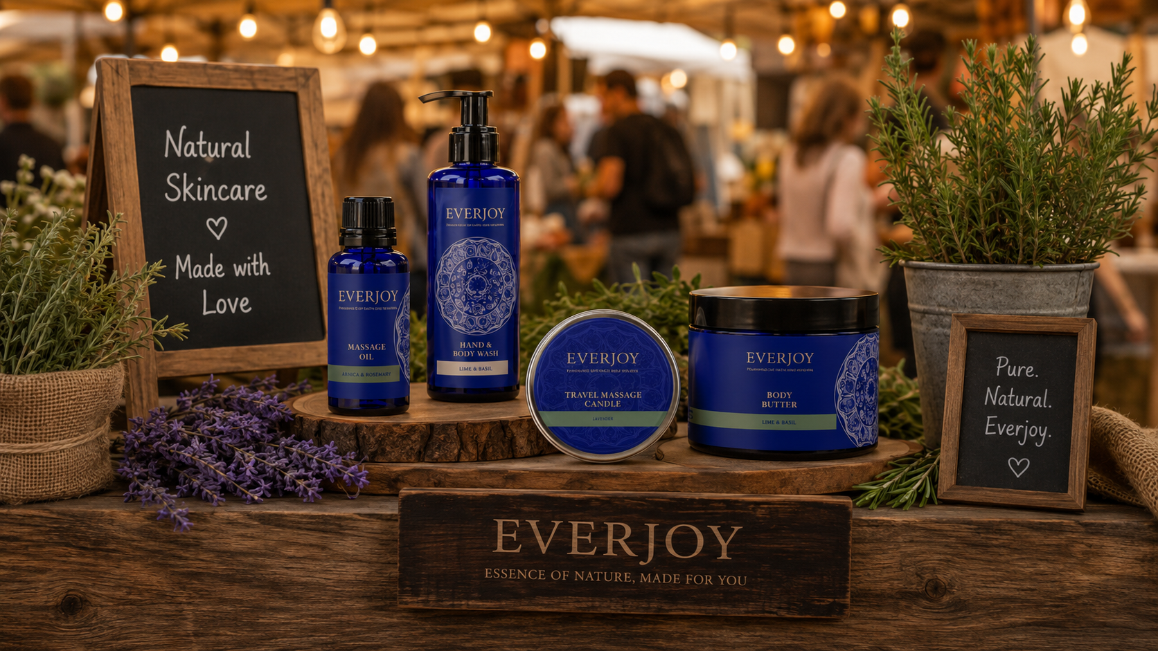 Everjoy products arranged on a wooden market stall
