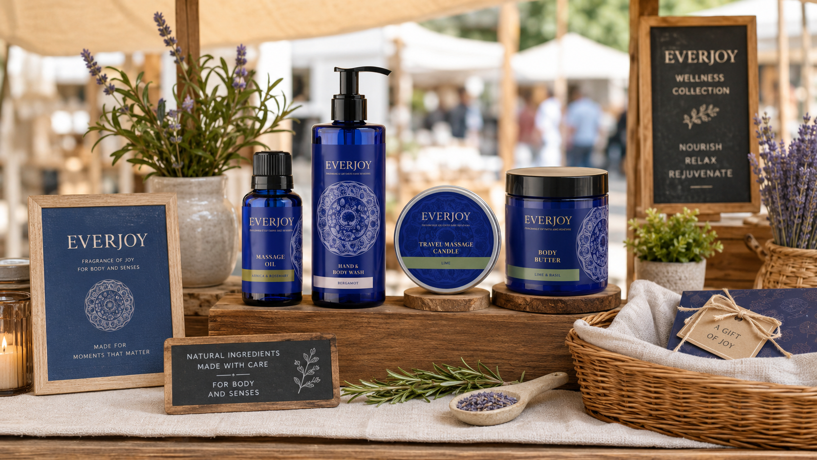 Everjoy candles and body care on a linen-draped stall