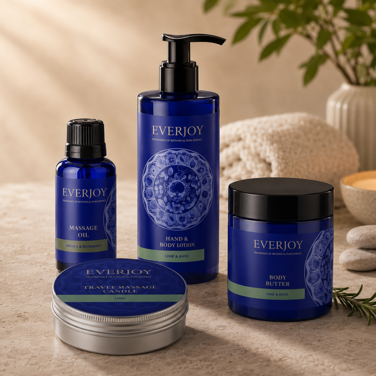 EVERJOY hand and body lotion, massage oil, body butter and travel massage candle