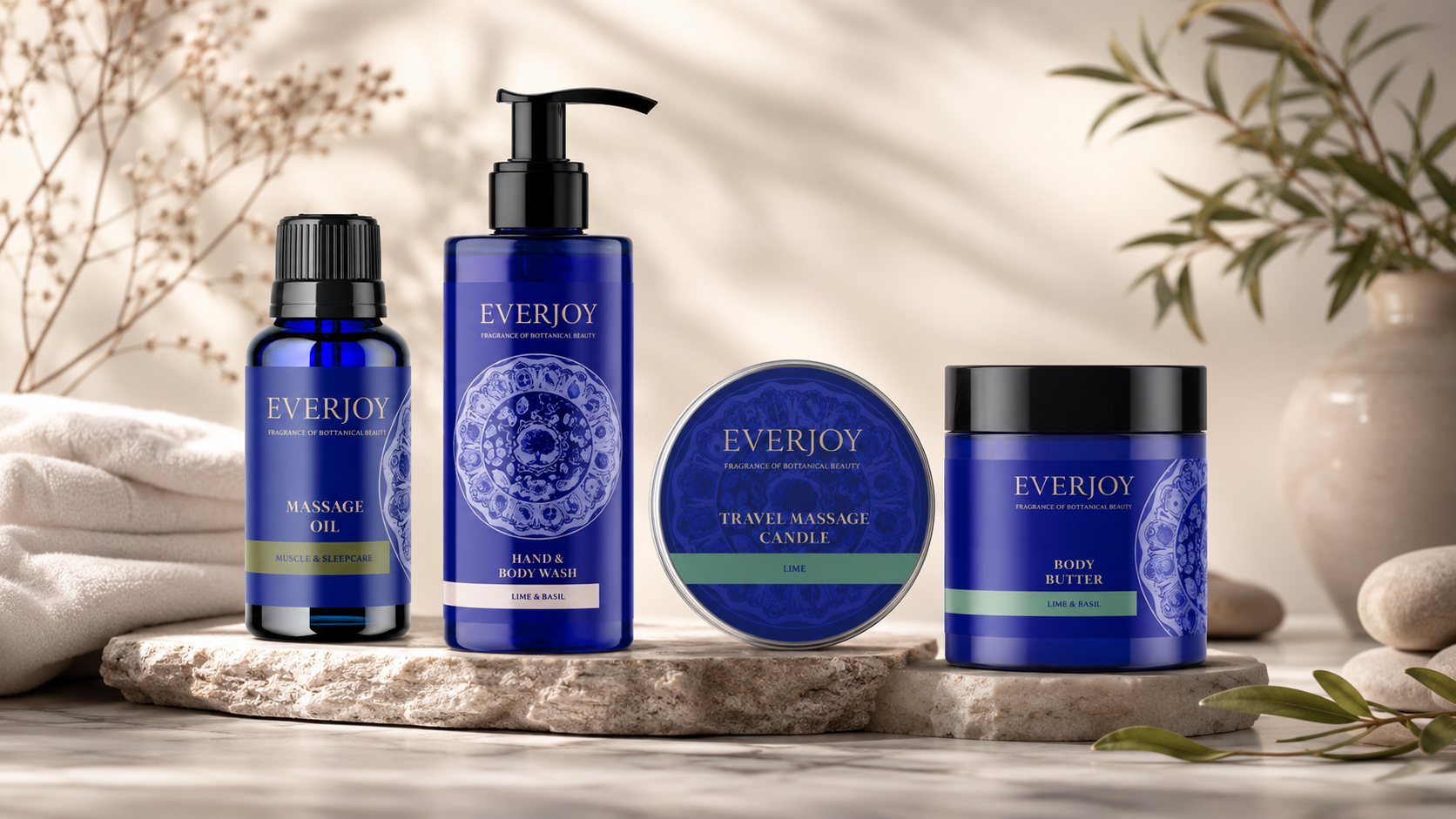 EVERJOY wellness products arranged on warm terracotta stone surfaces